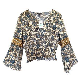 Jessica Simpson Peasant Top Large Boho Neutral Wildflowers Long Sleeve NWT